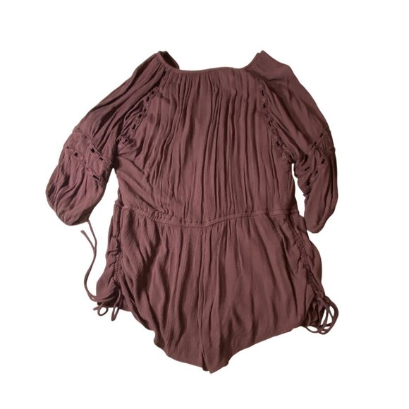 Urban Outfitters Brown Romper S V-Neck Button-Front Lace Sleeve Tie Waist 100% V - Picture 9 of 12